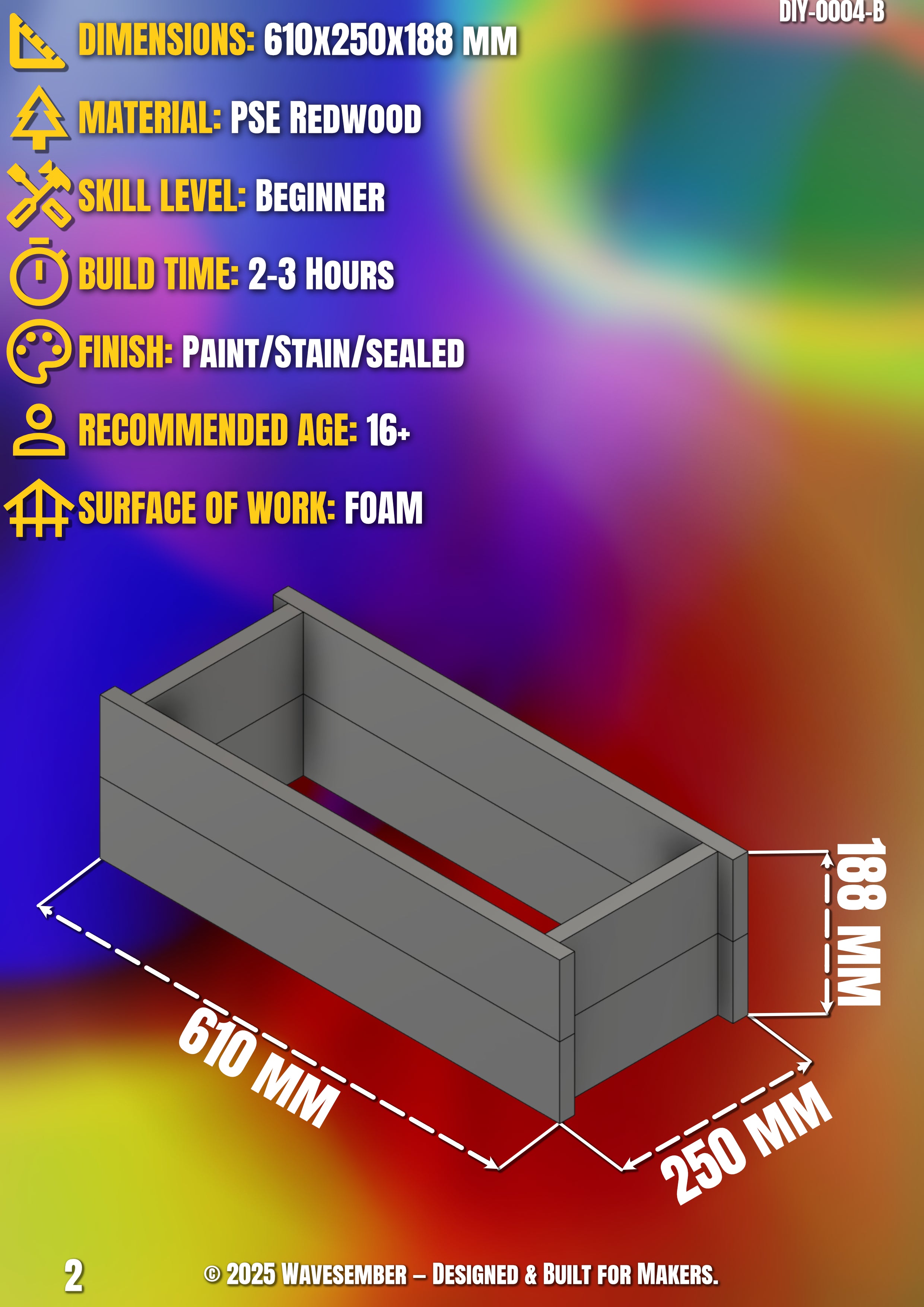WAVESEMBER Rectangle Planter – Classic Series (610×250×188 mm) | DIY Woodworking Guide & Build Plans