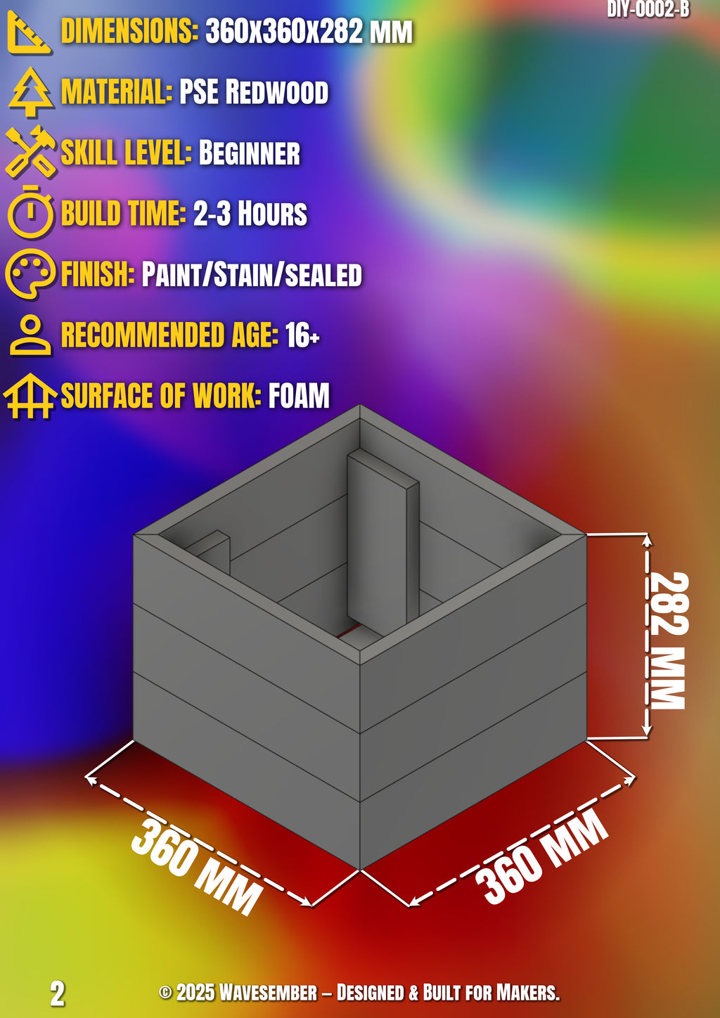 WAVESEMBER Square Planter – Classic Series (360×360×282 mm) | DIY Woodworking Guide & Build Plans