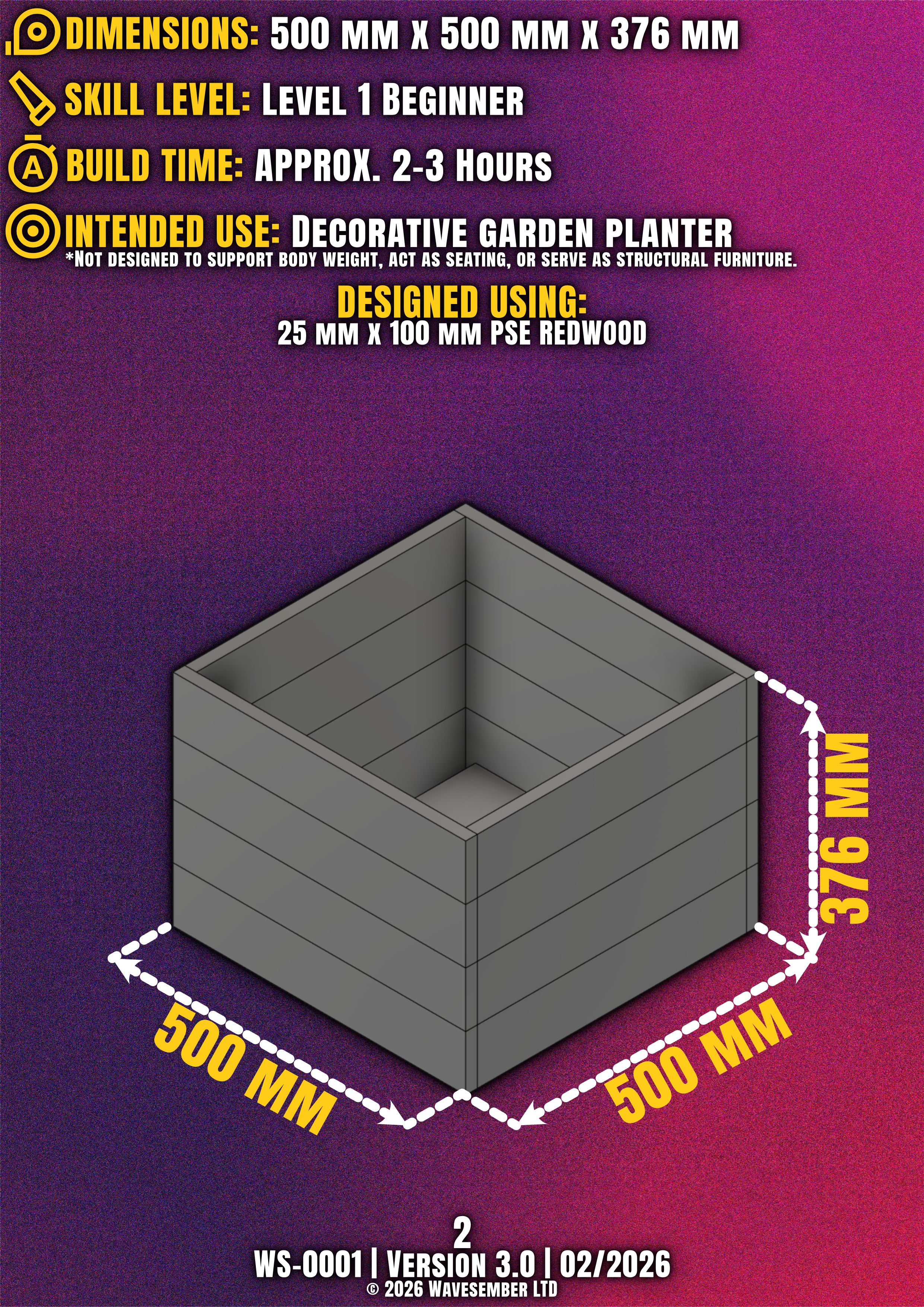Square Wooden Planter Box Plans (500mm) – DIY PDF