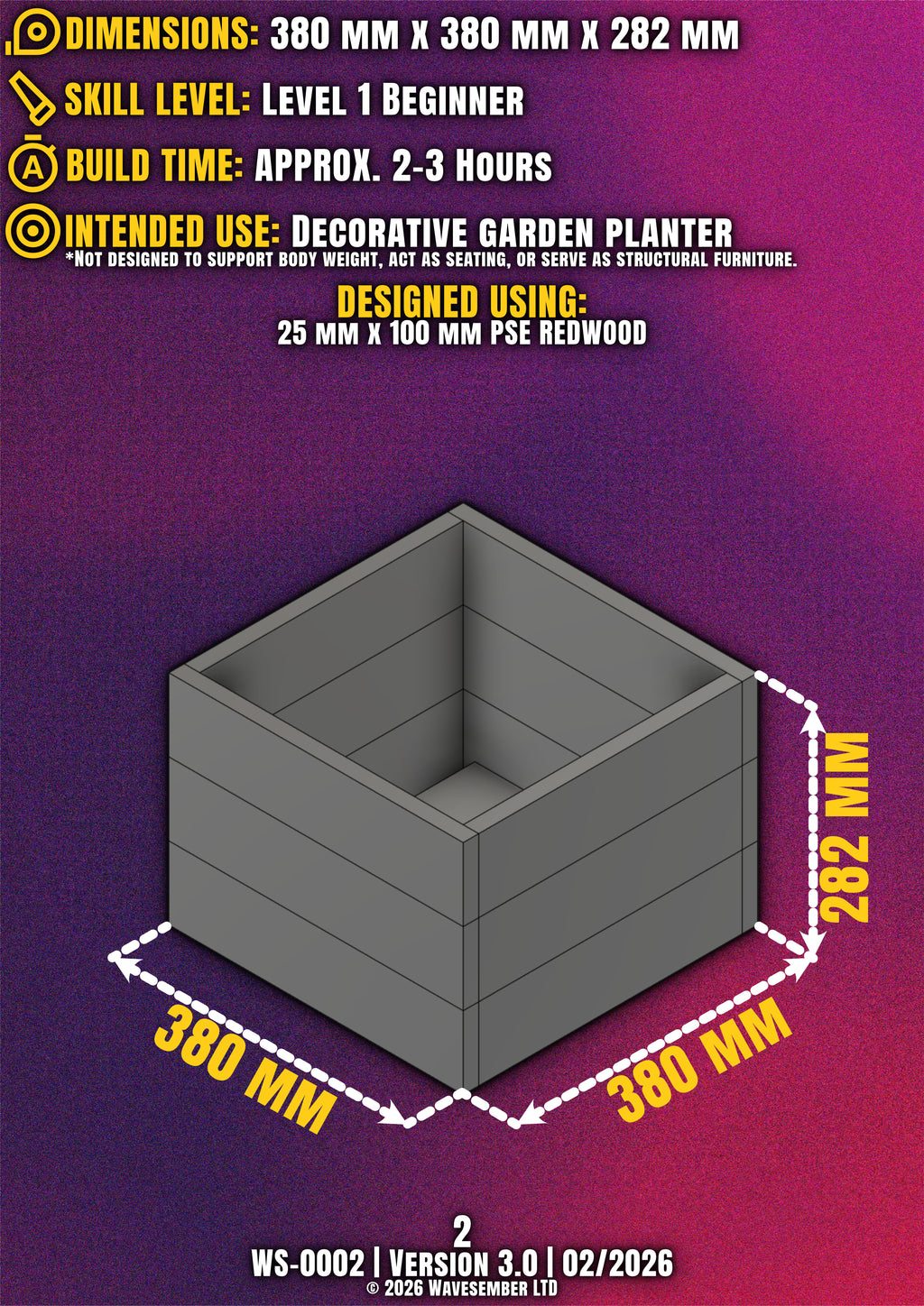 Square Wooden Planter Box Plans (380mm) – DIY PDF