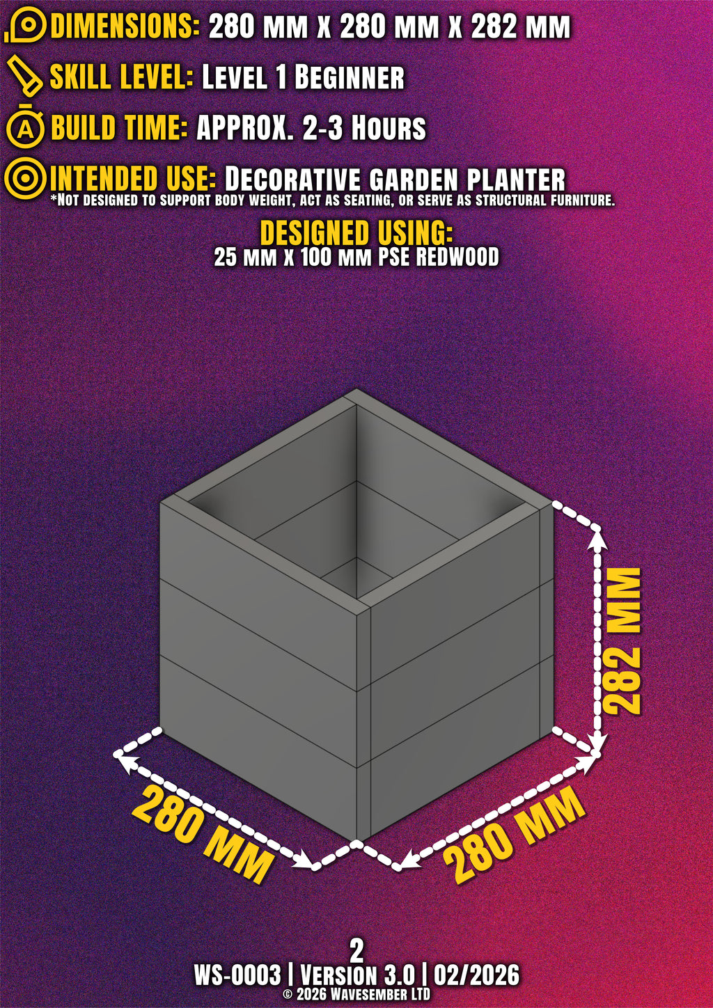 Square Wooden Planter Box Plans (280mm) – DIY PDF