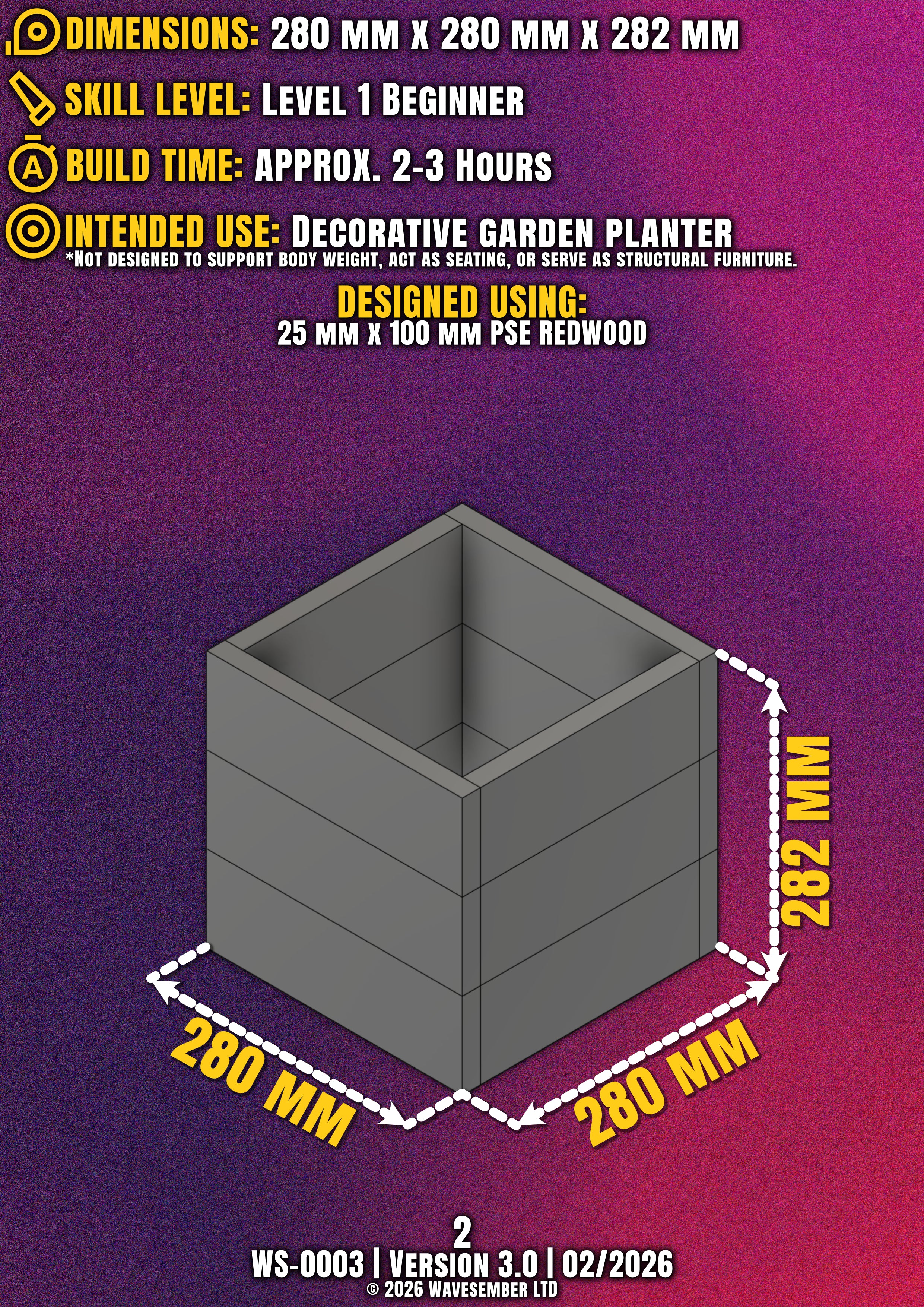 Square Wooden Planter Box Plans (280mm) – DIY PDF