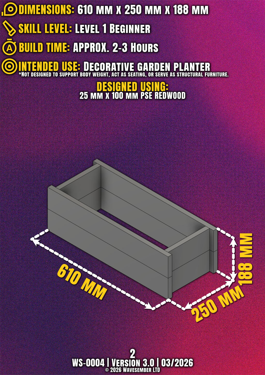 Rectangular Wooden Planter Box Plans (610mm) – DIY PDF