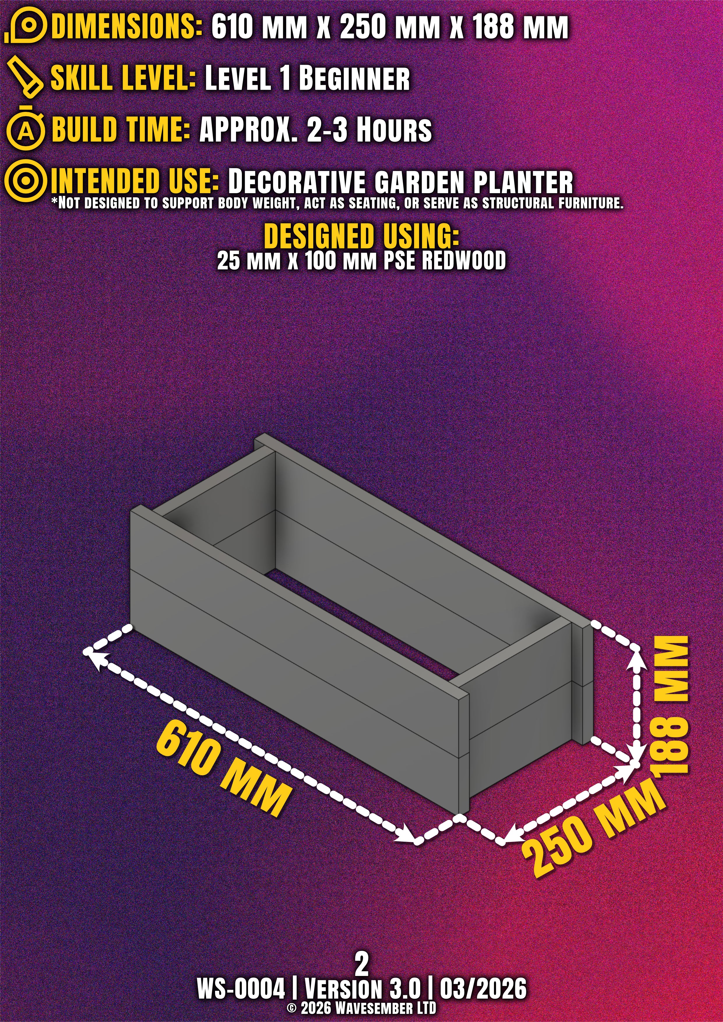 Rectangular Wooden Planter Box Plans (610mm) – DIY PDF