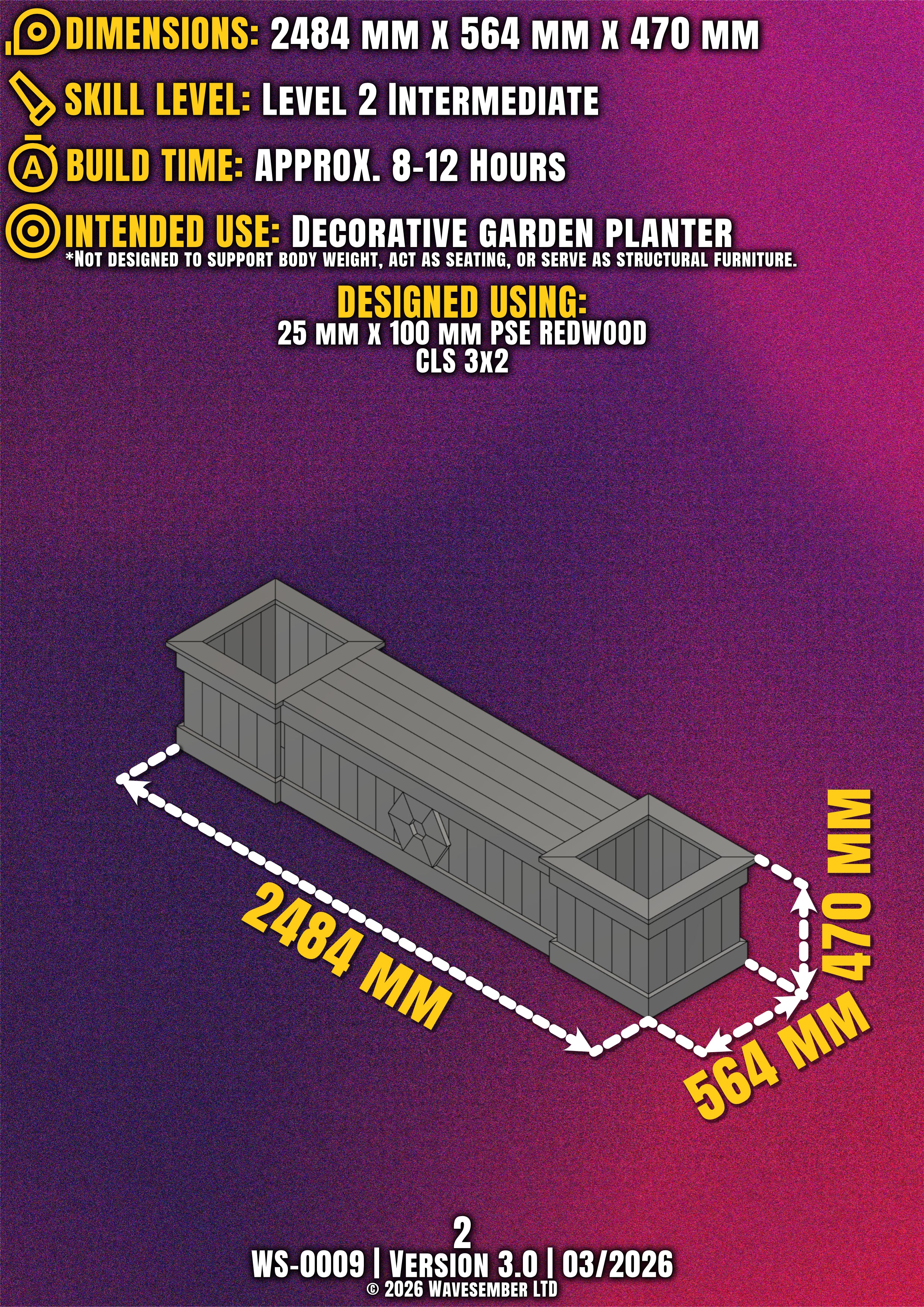 Rectangular Wooden Planter Bench Plans (2484mm) – DIY PDF